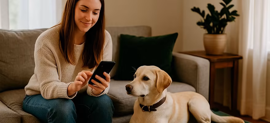 Woman on a sofa looking at her phone with a Labrador resting at her feet