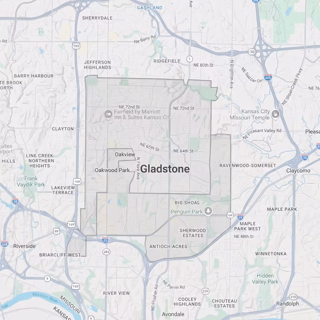 Dog Training in Gladstone MO – Marquis Dog Training Map highlighting Gladstone area boundaries. In-Home Dog Training in Gladstone MO