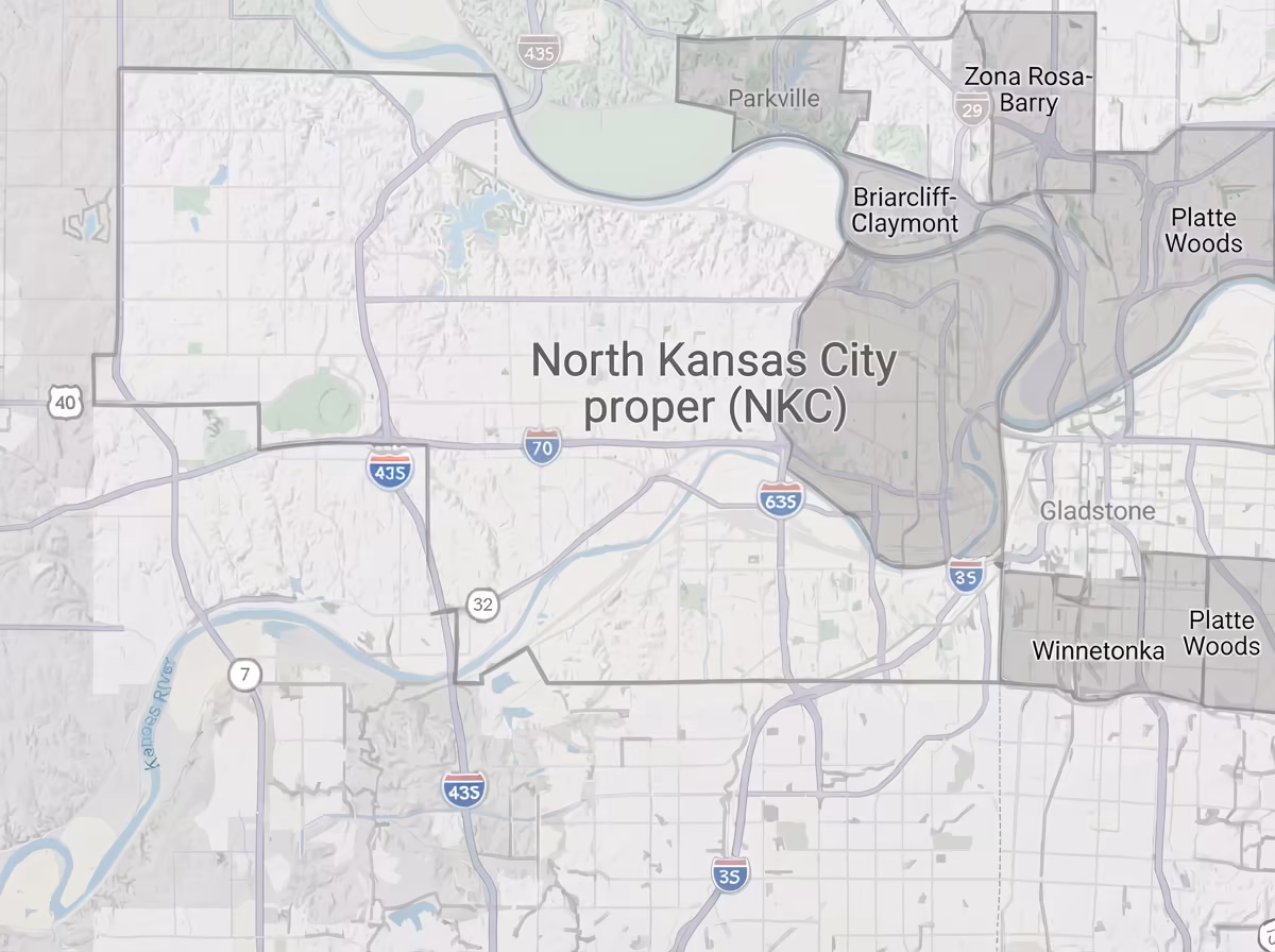 Map of North Kansas City area. In-Home Dog Training in North Kansas City MO