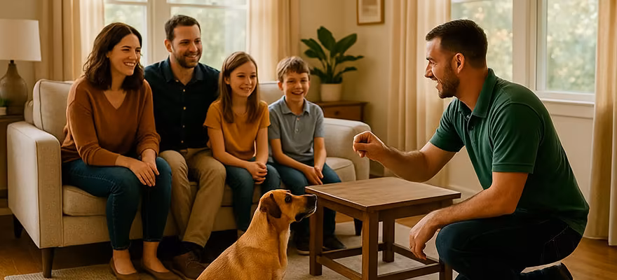How to Stop Your Puppy from Excessive Barking: Proven Training Solutions – Marquis Dog Training Trainer talking with a family in their living room while their dog rests nearby