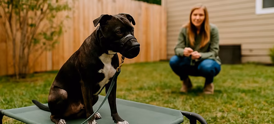 Black and white dog on a leash lying on a mat while a woman sits nearby