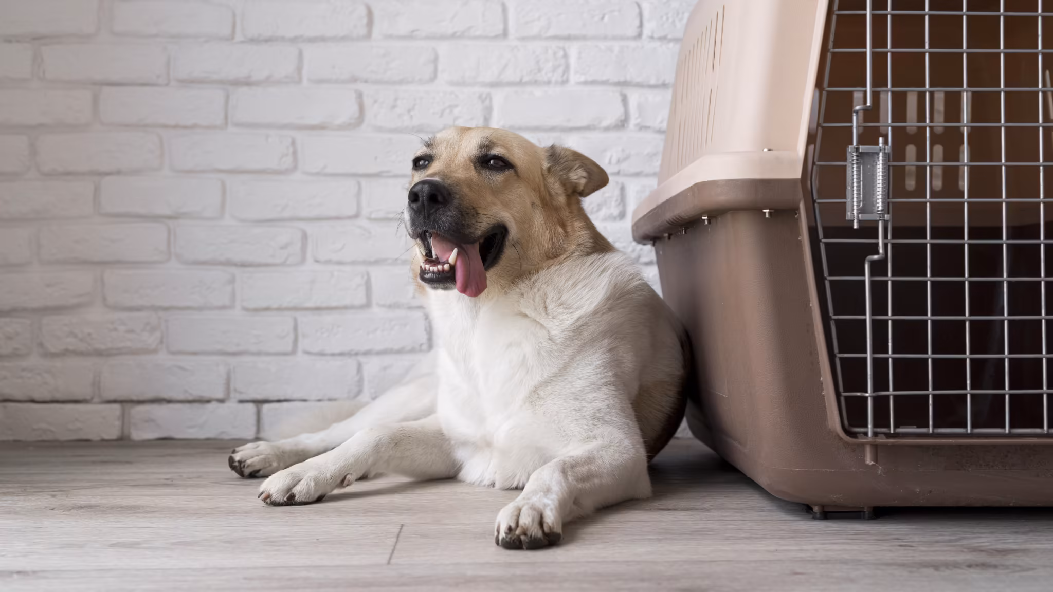 Happy dog resting by kennel.