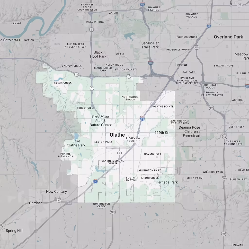 Map of Olathe, Kansas area. In-Home Dog Training in Olathe KS.