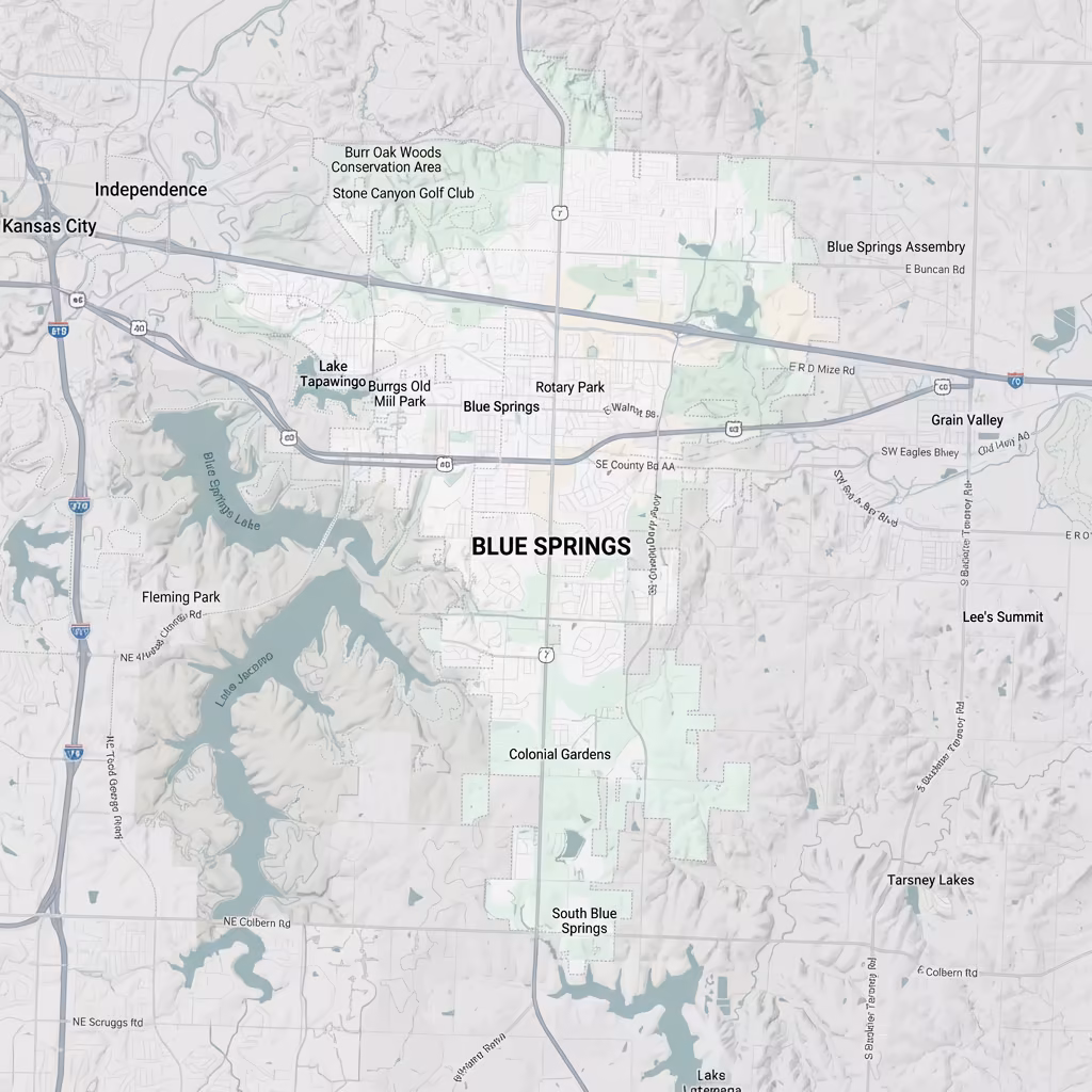 Map highlighting Blue Springs area. In-Home Dog Training in Blue Springs MO.