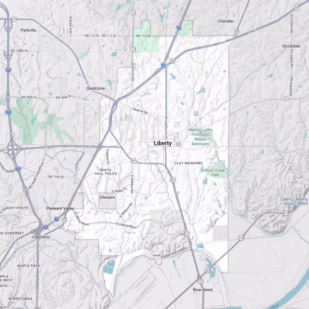Map showing Liberty and surrounding areas. In-Home Dog Training in Liberty MO.