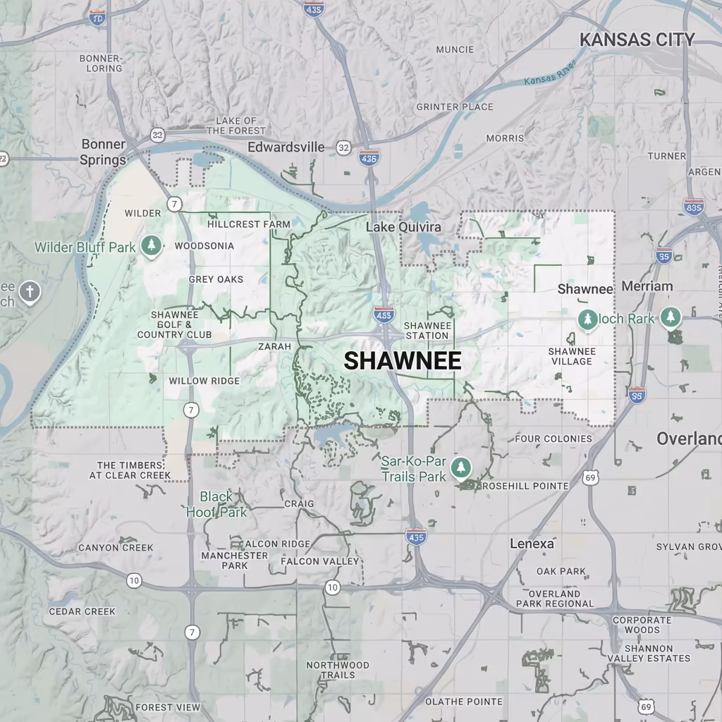 Map of Shawnee, Kansas area. In-Home Dog Training in Shawnee KS.