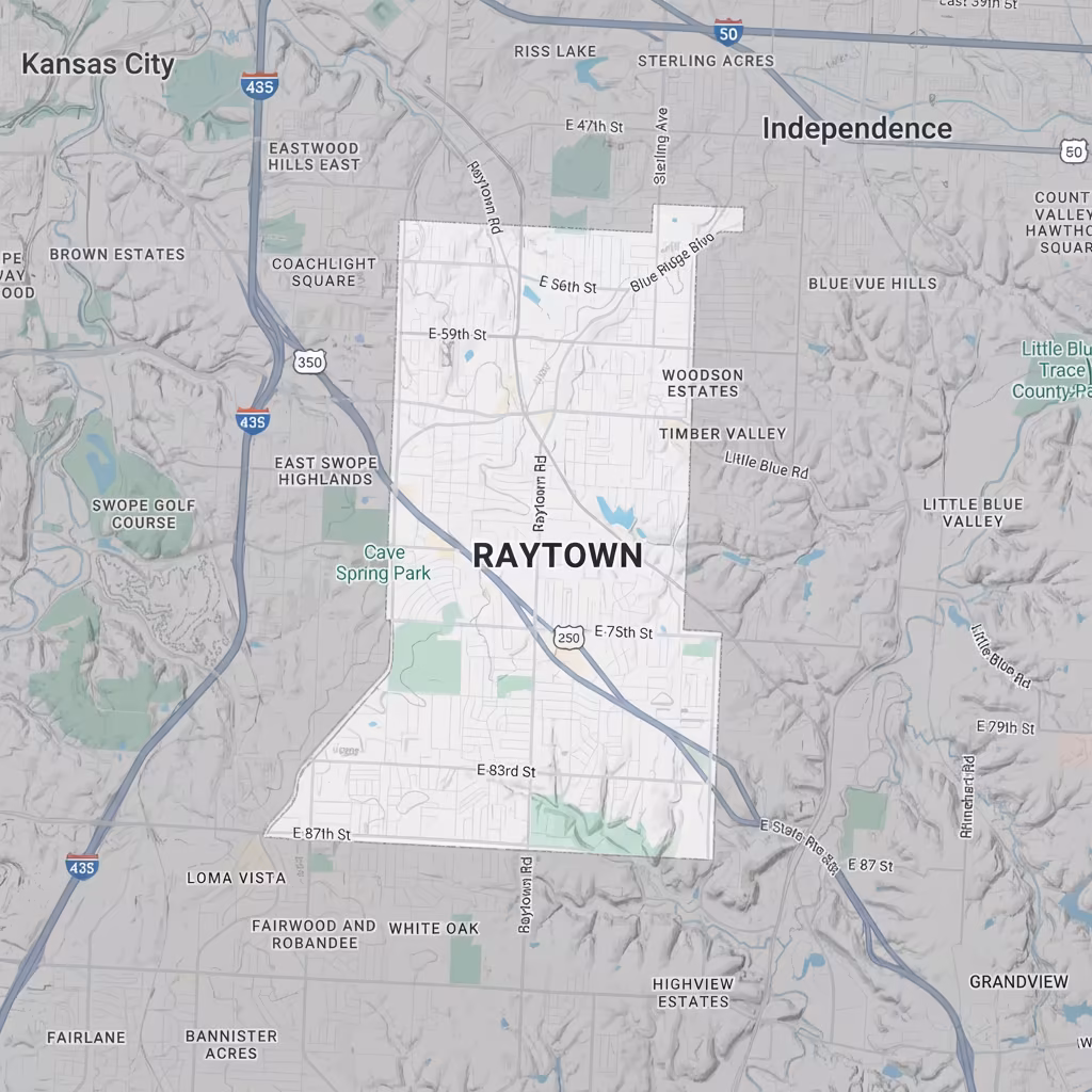 Map highlighting Raytown area, Missouri. In-Home Dog Training in Raytown MO.