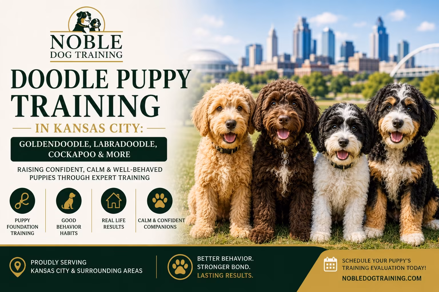 Graphic reading Doodle Puppy Training in Kansas City, for Goldendoodles, Labradoodles and Cockapoos, with three doodle puppies and a city skyline