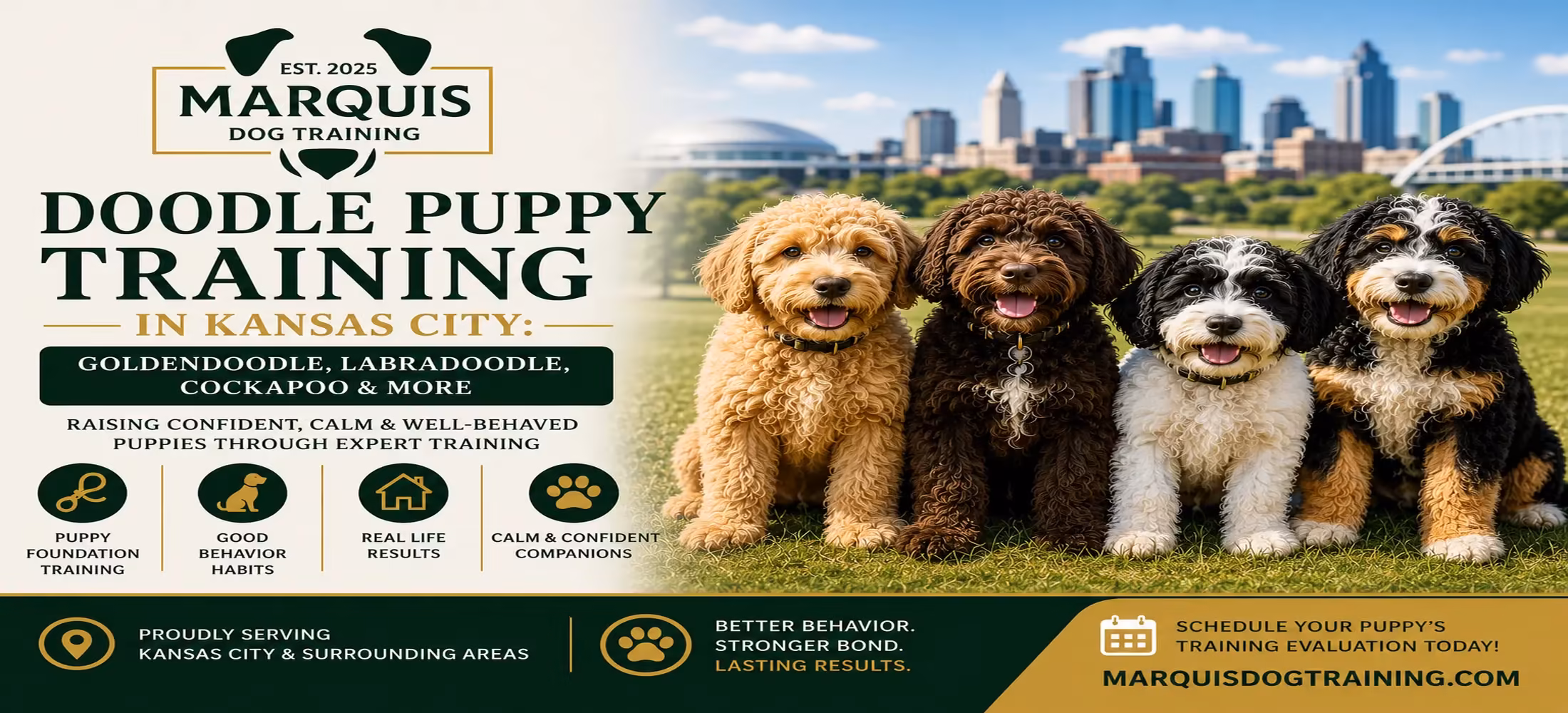 Doodle Puppy Training in Kansas City: Goldendoodle, Labradoodle, Cockapoo & More – Marquis Dog Training Graphic reading Doodle Puppy Training in Kansas City, for Goldendoodles, Labradoodles and Cockapoos, with three doodle puppies and a city skyline